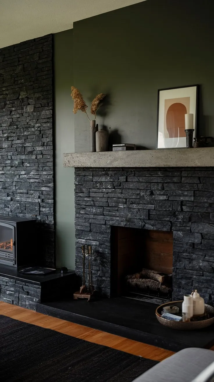 This basement fireplace transforms the living room with its dramatic dark color palette. The black stack stone fireplace, a striking black brick fireplace, features a unique mantle decor; a concrete mantle fireplace showcasing carefully chosen decorative items. The green wall fireplace provides a vibrant backdrop, complementing the modern fireplace decor. A smaller cottage electric fireplace adds cozy ambiance to this sophisticated space, offering a range of living room fireplace ideas.