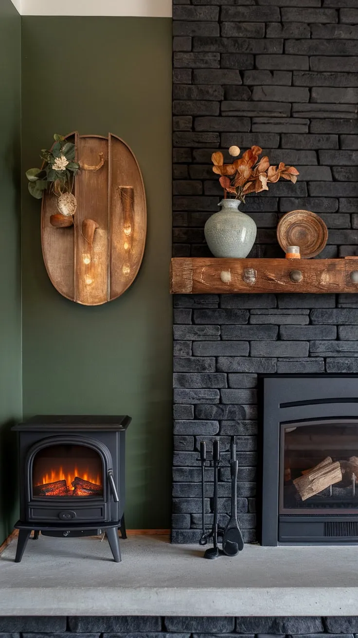 This cozy basement fireplace setup boasts a striking black stack stone fireplace with unique mantle decor, perfectly complemented by a dark color scheme and a vibrant green wall fireplace. The addition of a cottage electric fireplace beside the black brick fireplace offers extra warmth and style, while the concrete mantle fireplace adds a modern touch. This living room fireplace ideas showcase a blend of textures and styles for a truly inviting atmosphere.
