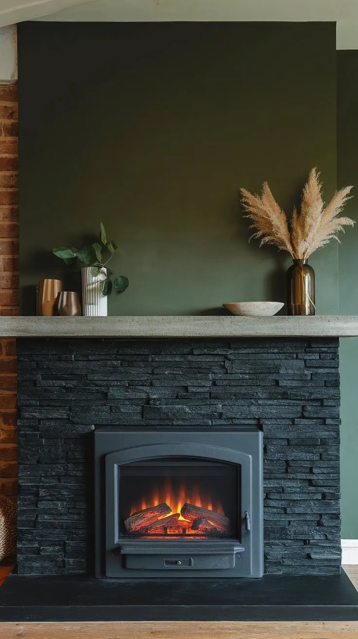 This cozy basement living room boasts a unique design featuring a dark color fireplace, specifically a black stack stone fireplace with a striking concrete mantle fireplace. The green wall fireplace provides a vibrant backdrop, complementing the modern fireplace decor. This black brick fireplace, a cottage electric fireplace in design, offers both style and warmth, showcasing innovative living room fireplace ideas.