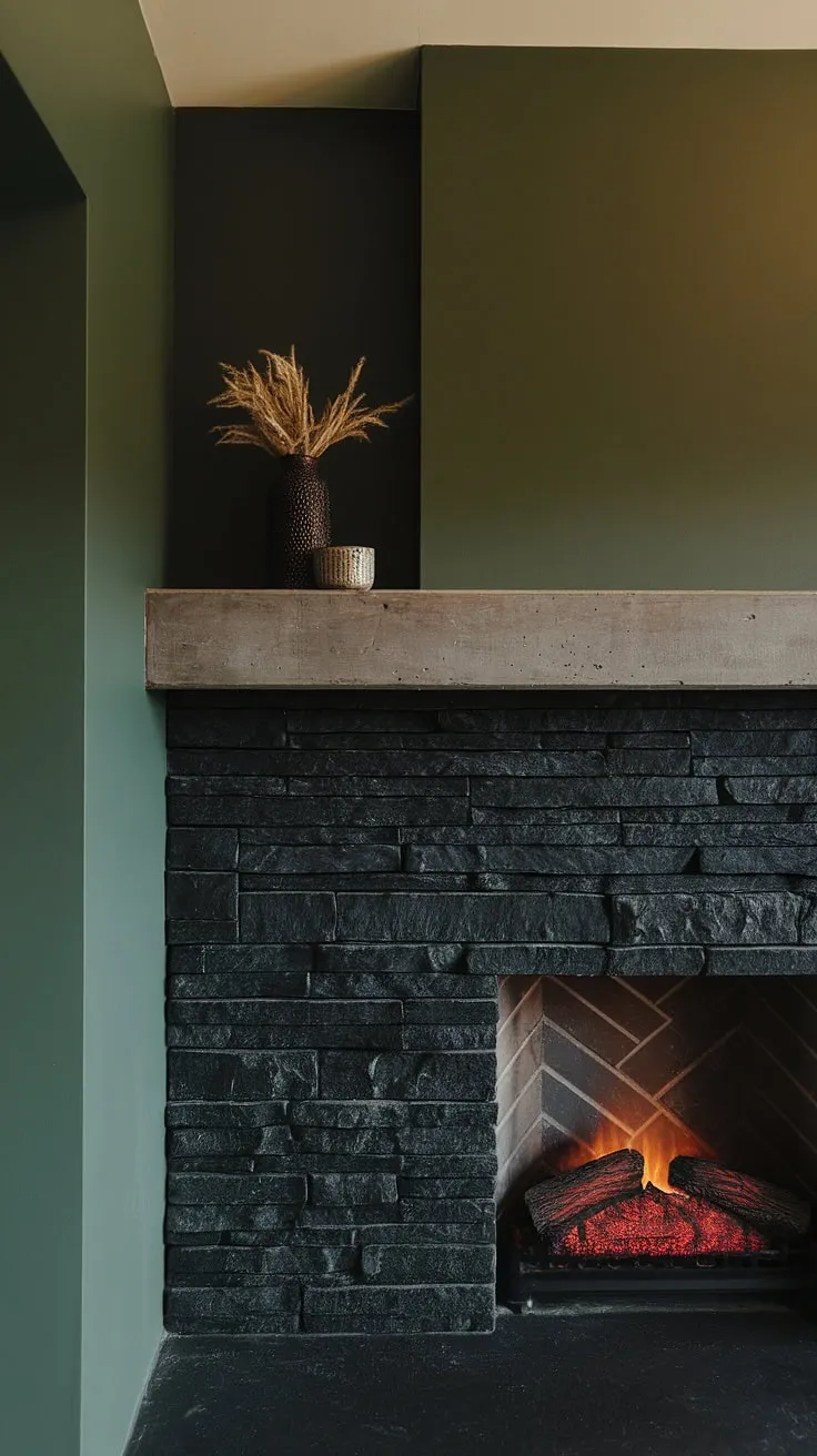 A cozy and modern living room is centered around this stunning dark color fireplace. The black stack stone fireplace, featuring a unique mantle decor on its concrete mantle fireplace, is a focal point. The green wall fireplace provides a sophisticated contrast to the black brick fireplace, while the cottage electric fireplace adds warmth and charm. This is a perfect example of living room fireplace ideas and modern fireplace decor in a basement setting.