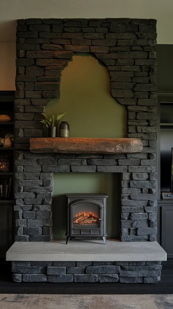 A stunning black stack stone fireplace anchors this dark color fireplace-centric basement living room. The concrete mantle fireplace is dressed with a unique mantle decor, a vibrant green wall providing a surprising pop of color against the black brick fireplace. This modern fireplace decor showcases a cottage electric fireplace, offering both style and functionality. It's the perfect example of inspiring living room fireplace ideas for a contemporary space.