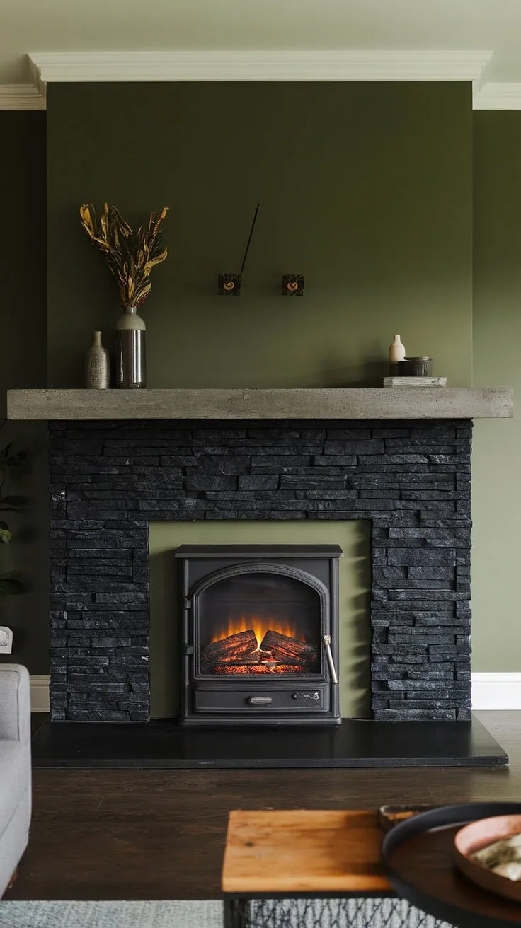 This modern living room boasts a stunning focal point: a dark color fireplace, specifically a black stack stone fireplace with a striking green interior. The cottage electric fireplace is nestled within a unique mantle decor featuring a concrete mantle, adding a touch of industrial chic. The green wall behind the fireplace complements the black brick fireplace beautifully, while the dark wood floors ground the space. This basement fireplace exemplifies living room fireplace ideas, showcasing the perfect blend of style and functionality in a concrete mantle fireplace design.