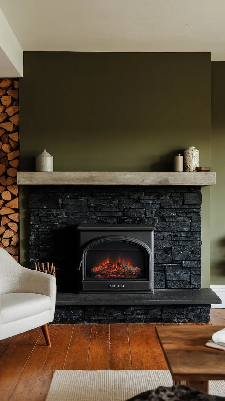 Warmth and style meet in this basement fireplace, featuring a black stack stone fireplace with a unique concrete mantle. Modern fireplace decor at its finest.