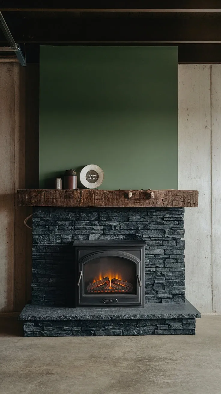 A sophisticated dark color fireplace anchors this basement living space. The black brick fireplace, crafted from black stack stone, features a unique mantle decor and stands proudly against a vibrant green wall. This concrete mantle fireplace, paired with a cottage electric fireplace, offers both style and functionality. It's a perfect example of modern fireplace decor and inspiring living room fireplace ideas for a basement setting.
