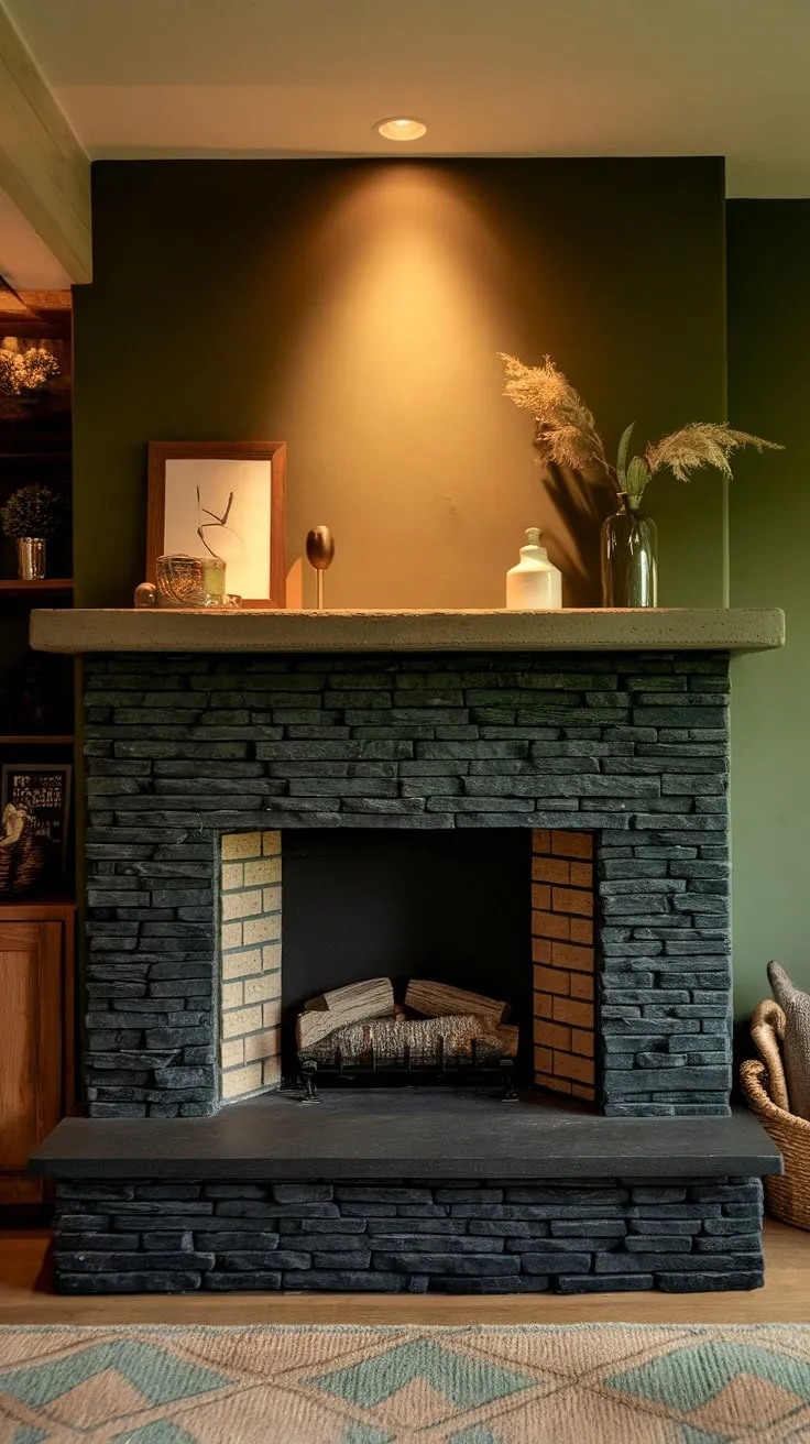 Warmth and style converge in this cozy basement retreat. The black stack stone fireplace, a stunning focal point with its dark color interior, is perfectly complemented by the unique mantle decor atop the concrete mantle fireplace. The green wall fireplace adds a touch of unexpected color, while the overall aesthetic blends modern fireplace decor with cottage charm, offering inspiring living room fireplace ideas. This cottage electric fireplace is the perfect blend of rustic and contemporary.
