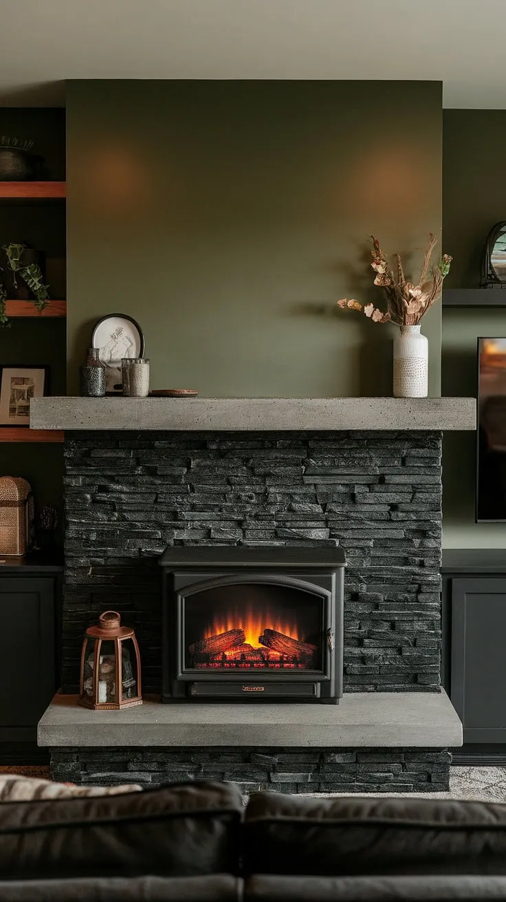 A modern basement transformed into a rustic retreat with a show-stopping black stack stone fireplace. The green wall fireplace provides a stunning backdrop to the concrete mantle fireplace, which is styled with unique mantle decor. This dark color fireplace, combined with the cottage electric fireplace, creates a cozy and inviting atmosphere. Perfect living room fireplace ideas for those seeking a blend of modern and rustic design.