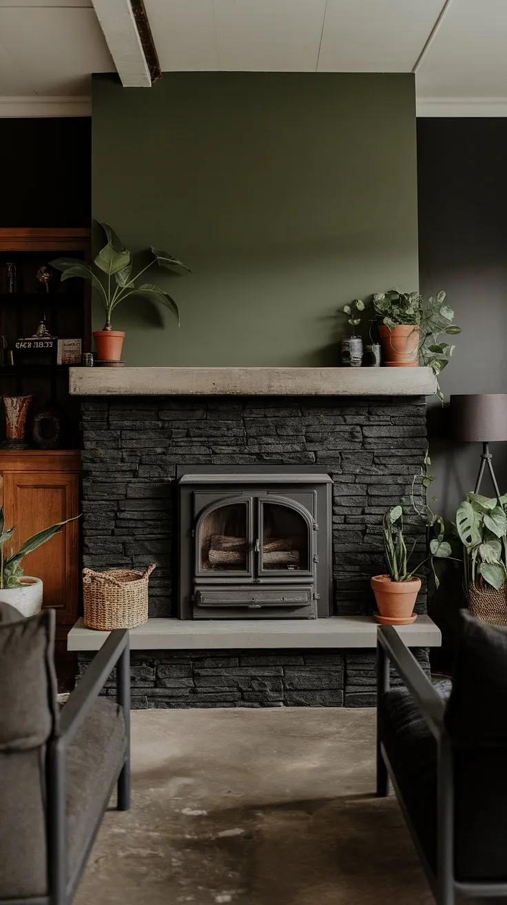 This cozy basement living room boasts a stunning black stack stone fireplace, a modern fireplace decor choice that perfectly complements the dark color scheme. The unique mantle decor, a sleek concrete mantle, adds a touch of industrial chic. The green wall fireplace creates a striking backdrop, while the cottage electric fireplace provides warmth and ambiance. This living room fireplace ideas showcase a blend of modern and cottage styles, with dark grey and black furniture resting on a polished concrete floor. Potted plants add a touch of life to this sophisticated space.