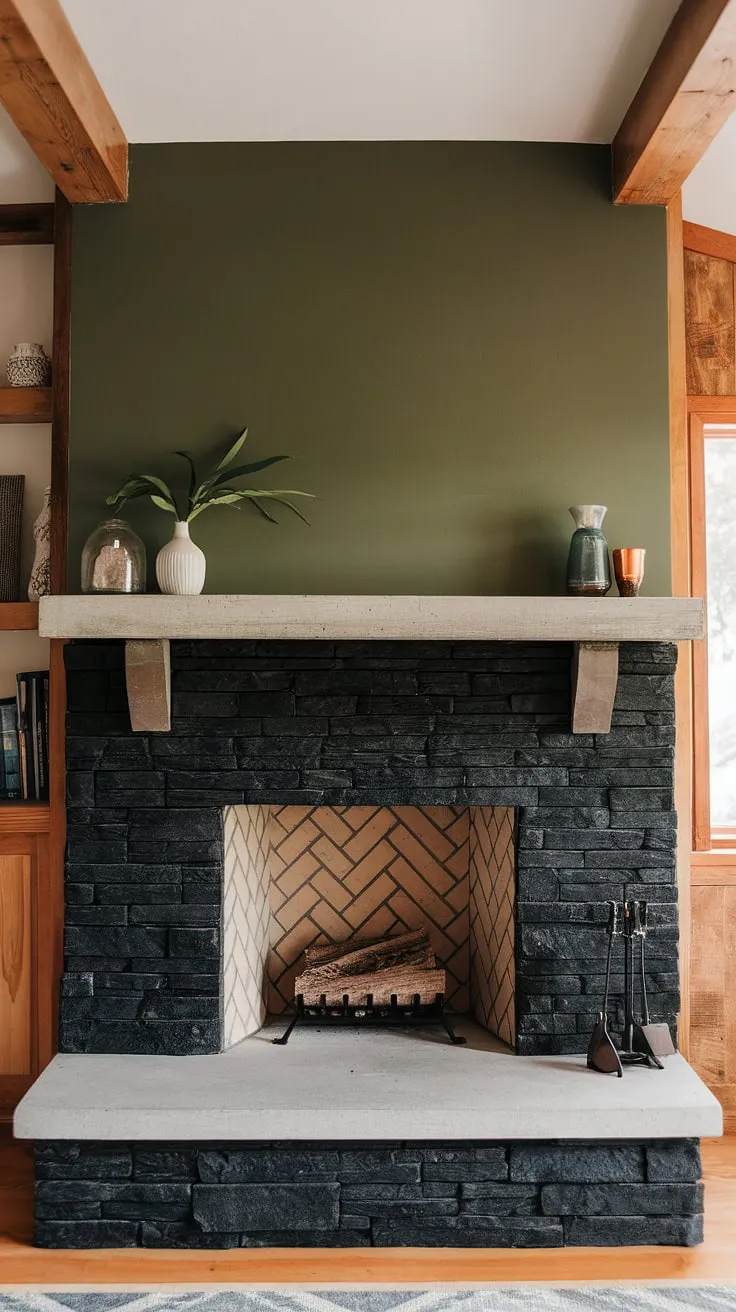 This basement fireplace boasts a modern design with a black stack stone fireplace and a unique concrete mantle, creating a striking focal point against the green wall. The dark color fireplace perfectly complements the cottage-style wooden beams, offering living room fireplace ideas for a cozy and stylish space. This cottage electric fireplace is a perfect example of modern fireplace decor.