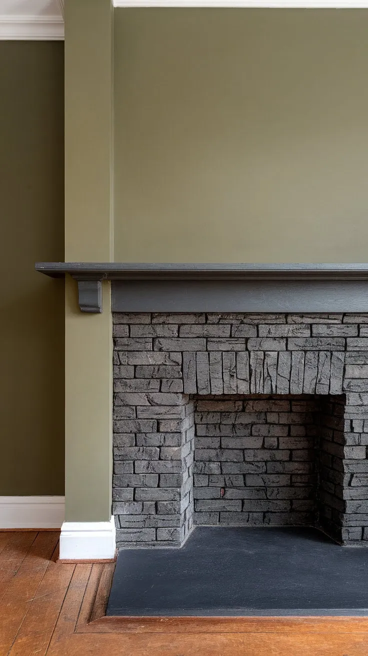 A stunning example of living room fireplace ideas, this space features a black brick fireplace with a black stack stone border. The dark color fireplace is beautifully contrasted by the olive green wall, creating a green wall fireplace design that's both moody and inviting. The concrete mantle fireplace offers a unique mantle decor opportunity, and the cottage electric fireplace provides cozy warmth. This modern fireplace decor is perfectly complemented by the light wood flooring, making it a truly unique basement fireplace.