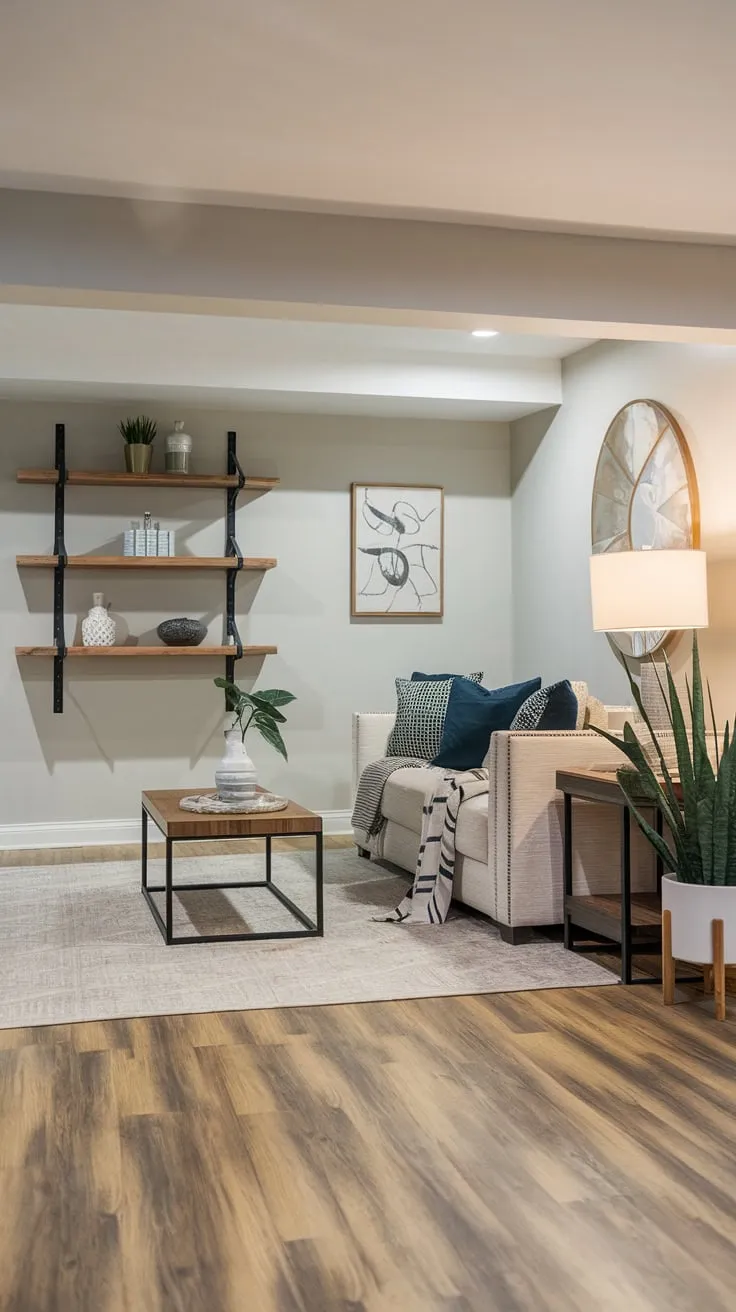 Stylish Modern Basement with Wooden Floor and Decor