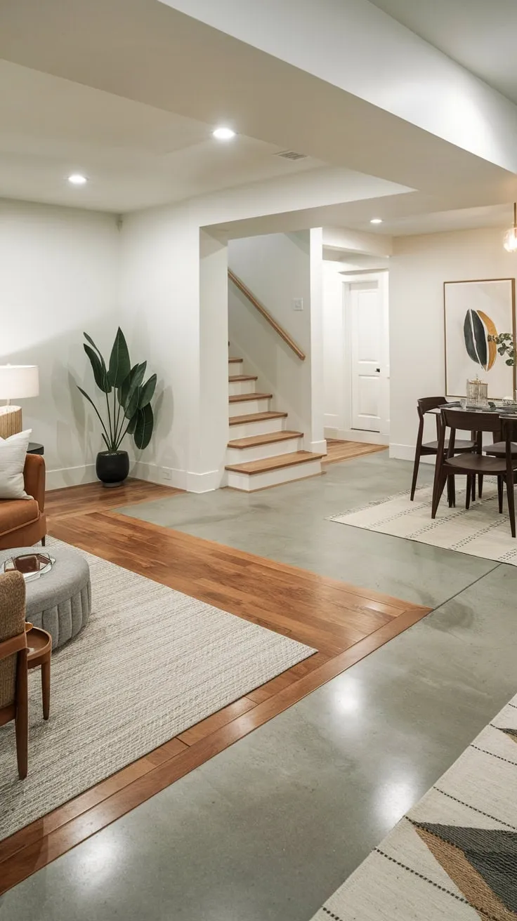 Stylish Modern Basement Featuring Hardwood and Concrete Flooring
