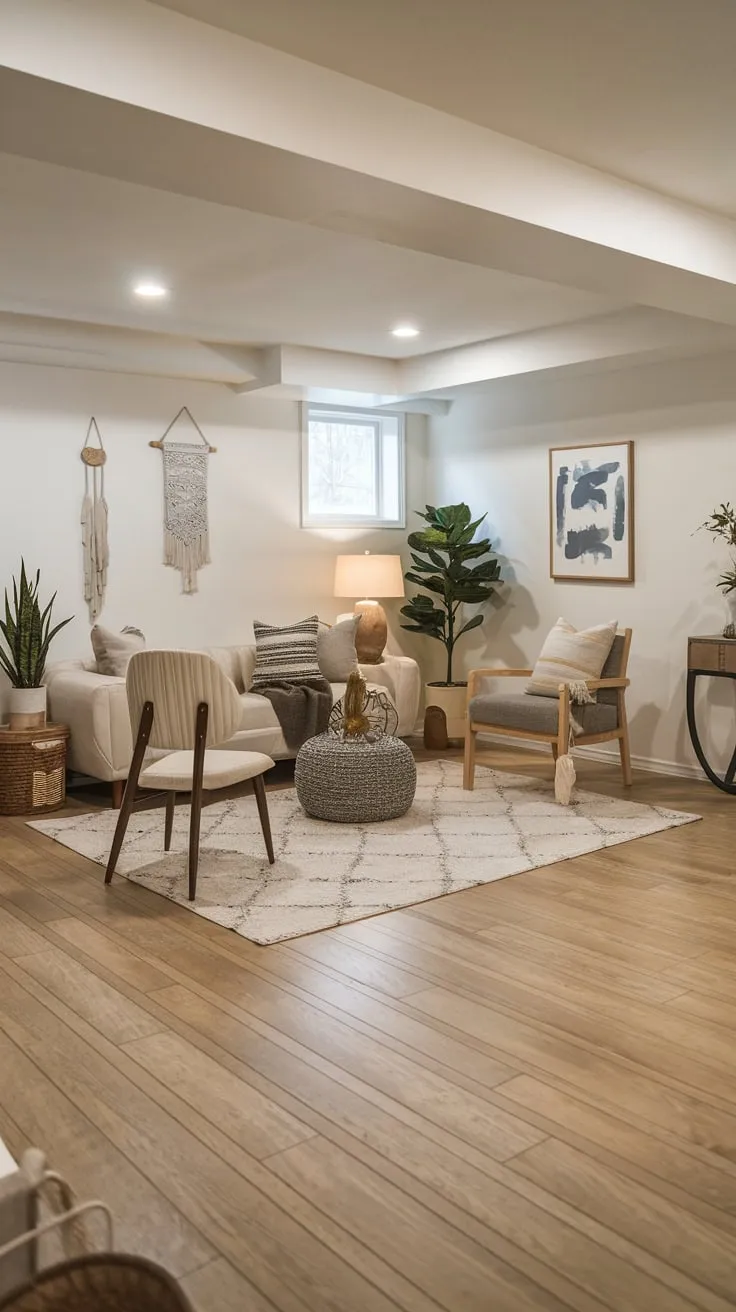 Stylish Modern Basement with Light Brown Wooden Floor