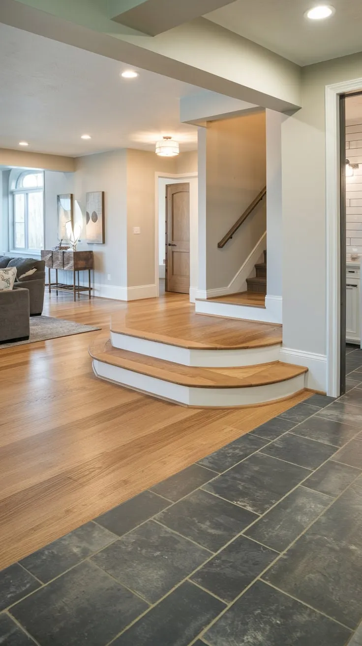 Stylish Modern Basement Featuring Hardwood and Tile Flooring