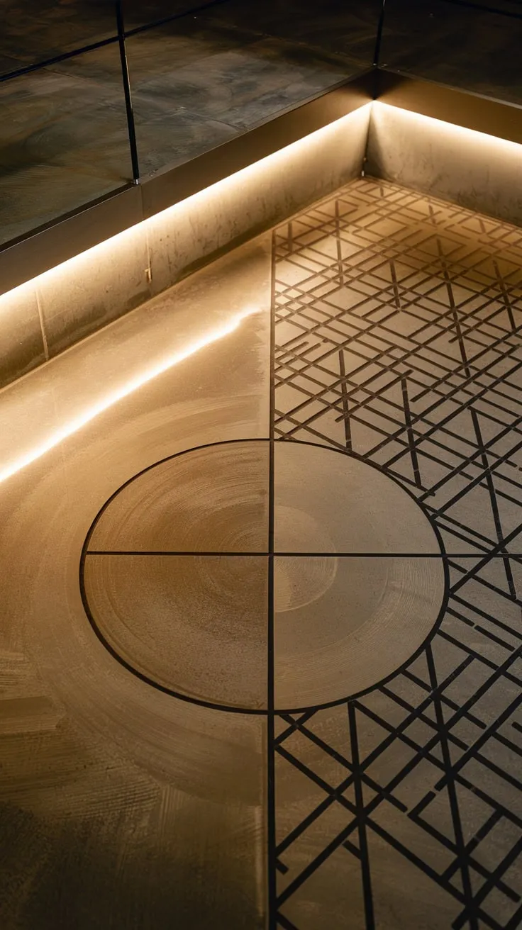 Polished Concrete Basement Floor with Unique Patterns