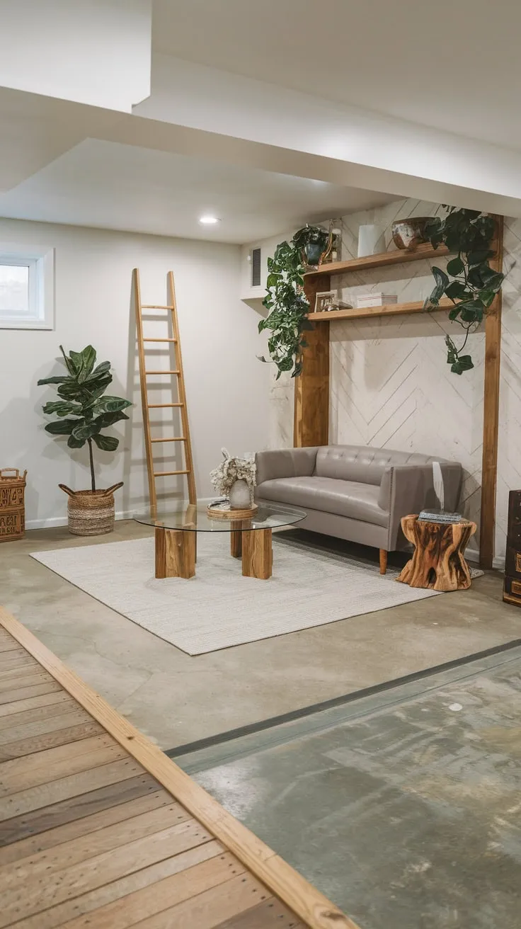 Stylish Modern Basement with Wood and Concrete Elements