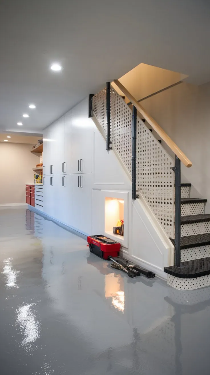 Sleek Modern Basement with Gray Epoxy and Staircase