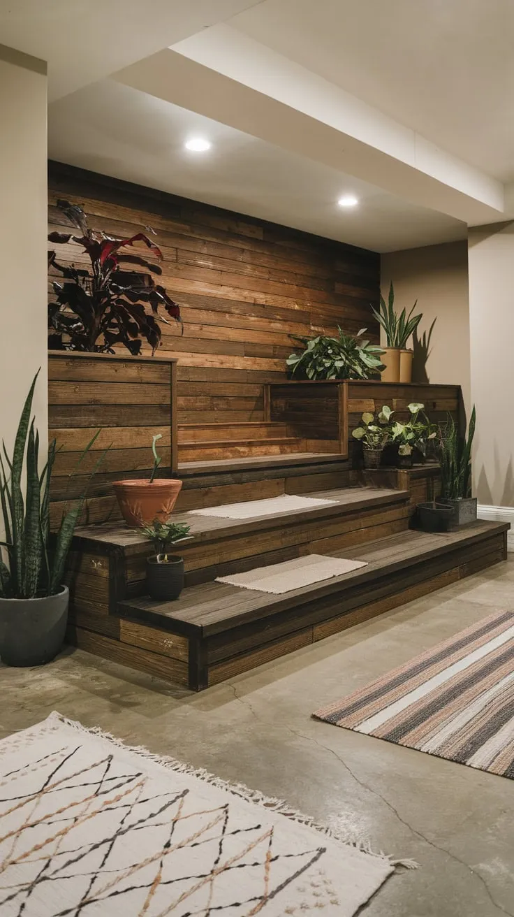 Elegant Modern Basement with Dark Wood and Plants