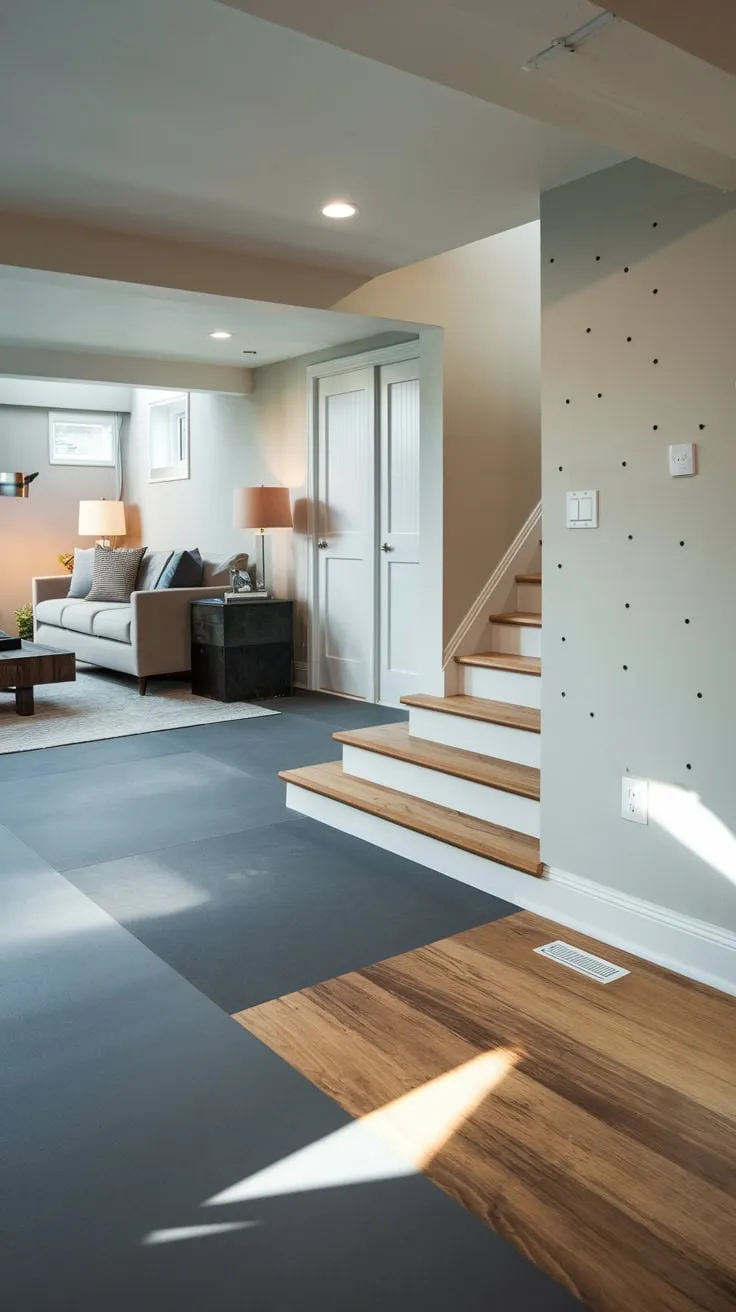 Stylish Modern Basement with Grey and Wood Flooring