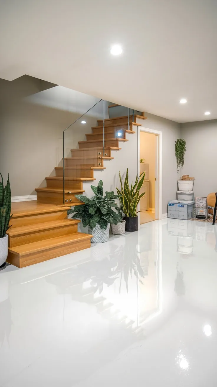 Sleek Modern Basement with White Epoxy and Wood