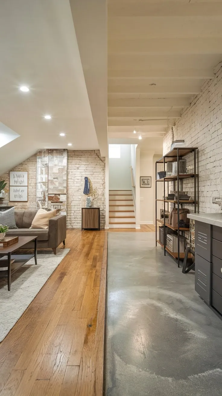 Stylish Basement Design Blends Wood and Concrete Elegance