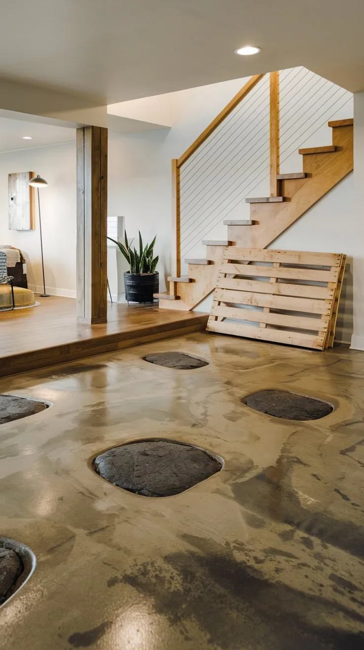 Stylish Modern Basement with Concrete and Wood Elements