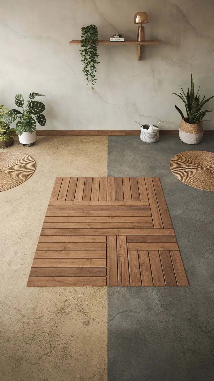 Stylish Modern Basement Floor Blends Wood and Concrete
