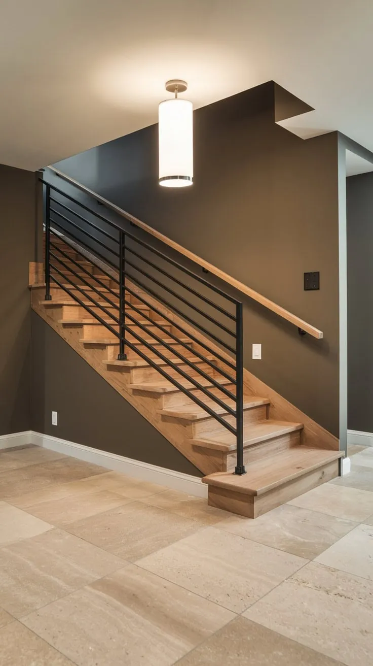 Sleek Modern Basement with Stylish Wooden Staircase