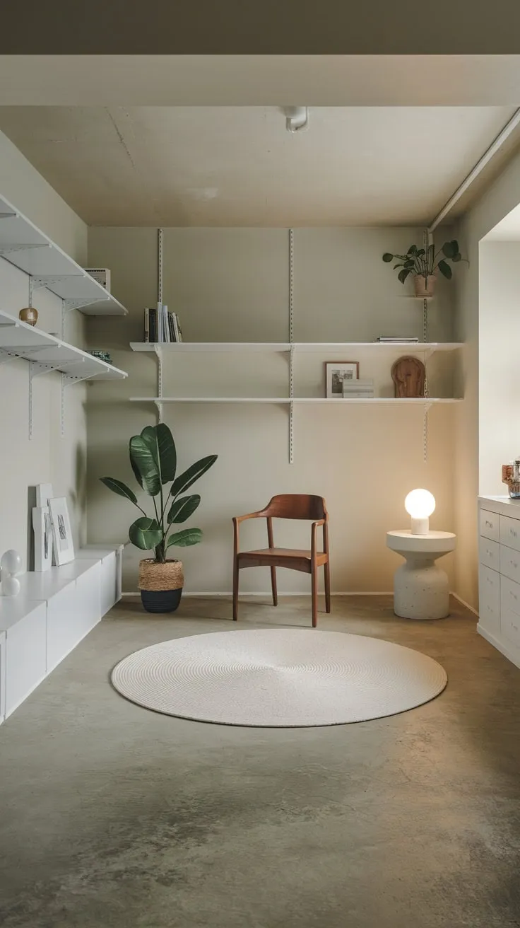 Stylish Modern Basement with Concrete Floor and Decor