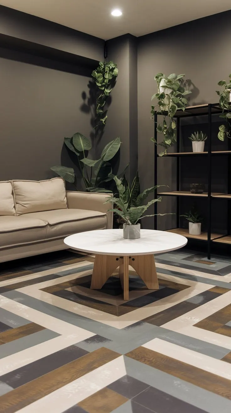 Stylish Modern Basement with Unique Floor and Furniture