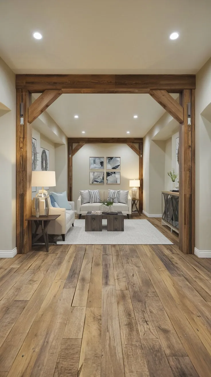 Stylish Modern Basement with Wooden Floor and Decor