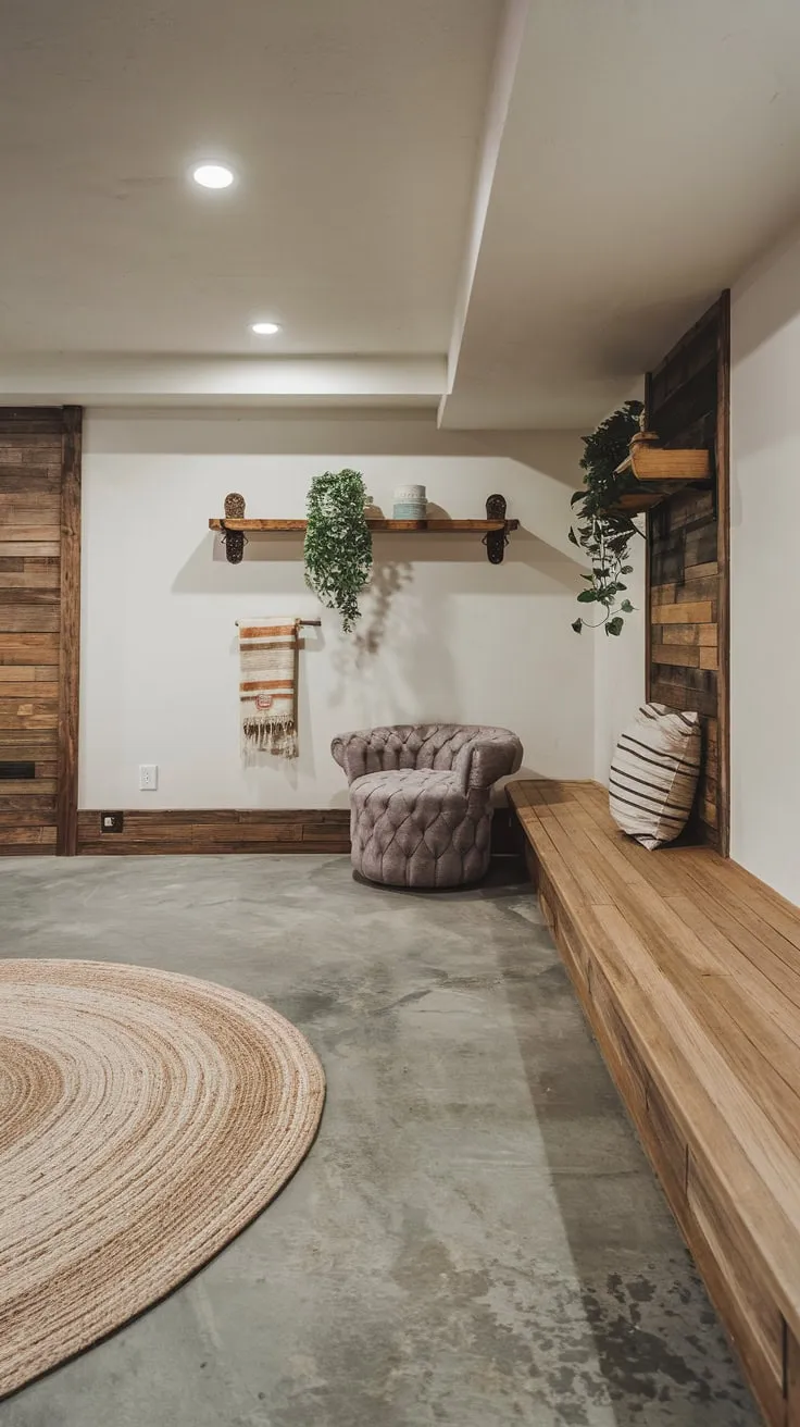 Stylish Modern Basement with Wood and Concrete Fusion