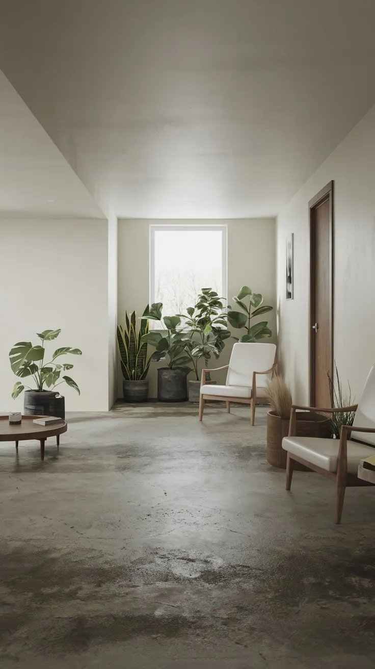 Minimalist Modern Basement with Concrete Floor and Plants