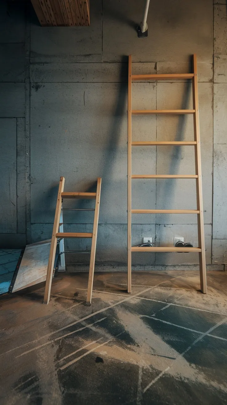 Modern Basement Floor with Concrete Slab and Ladder