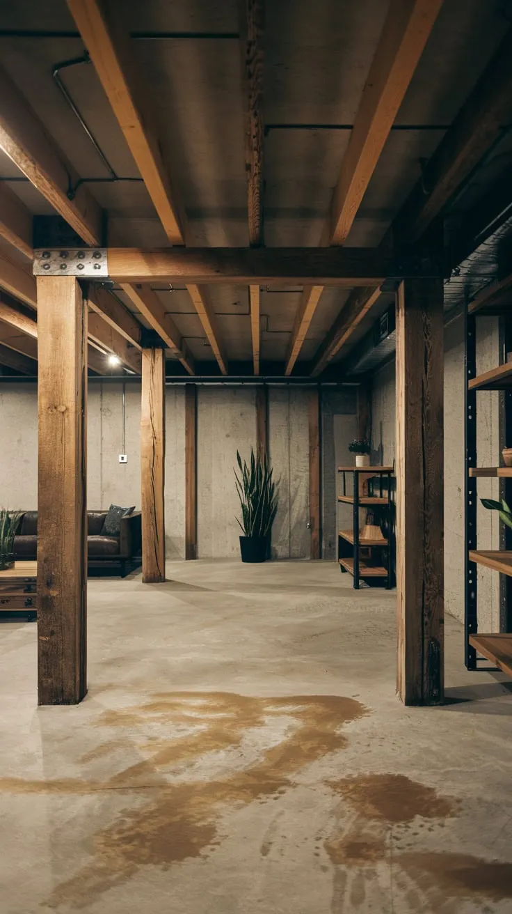 Rustic Industrial Basement with Exposed Beams and Concrete
