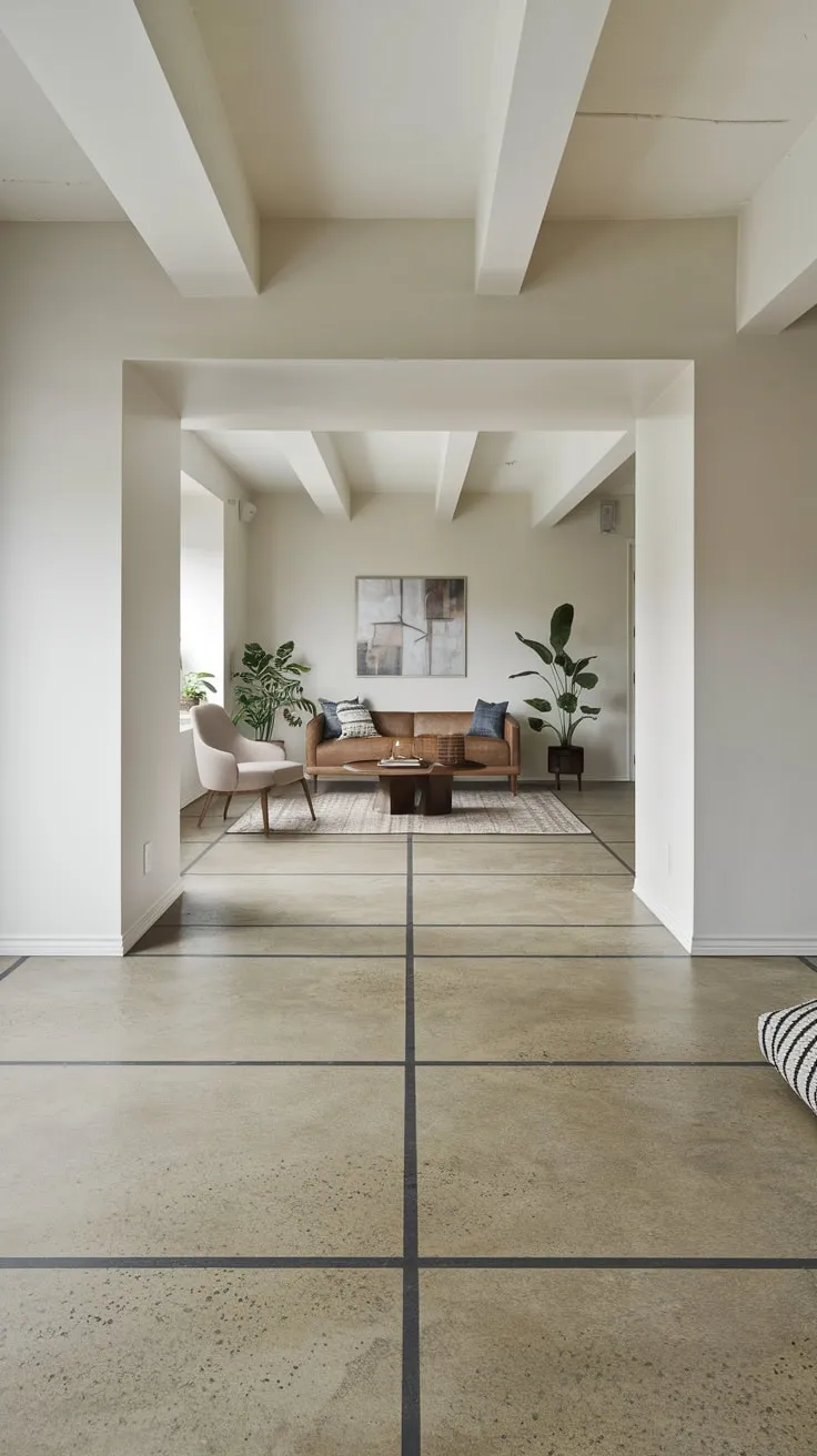 Stylish Modern Basement with Light Concrete and Plants