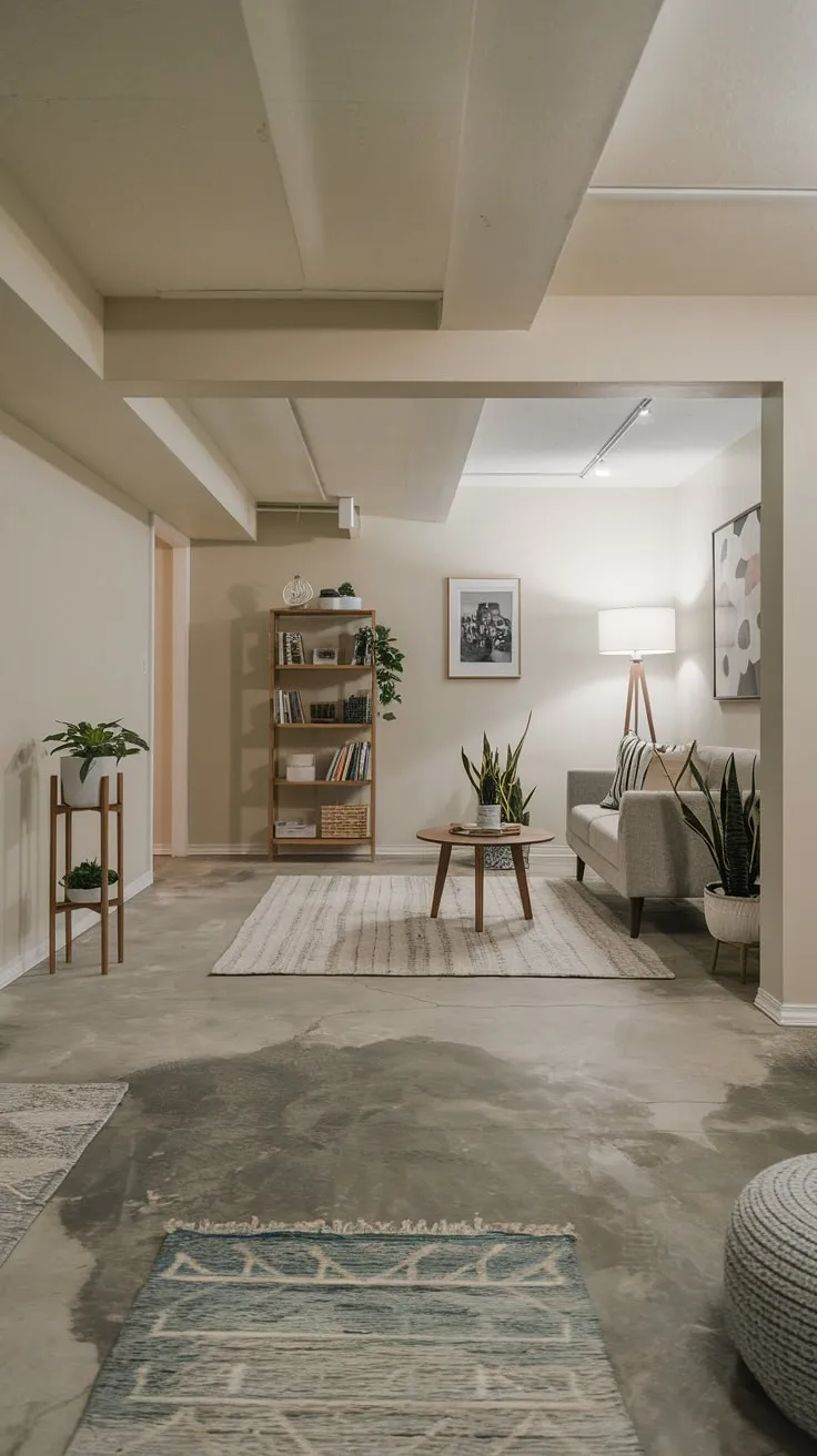 Modern Minimalist Basement with Concrete Floor and Rugs