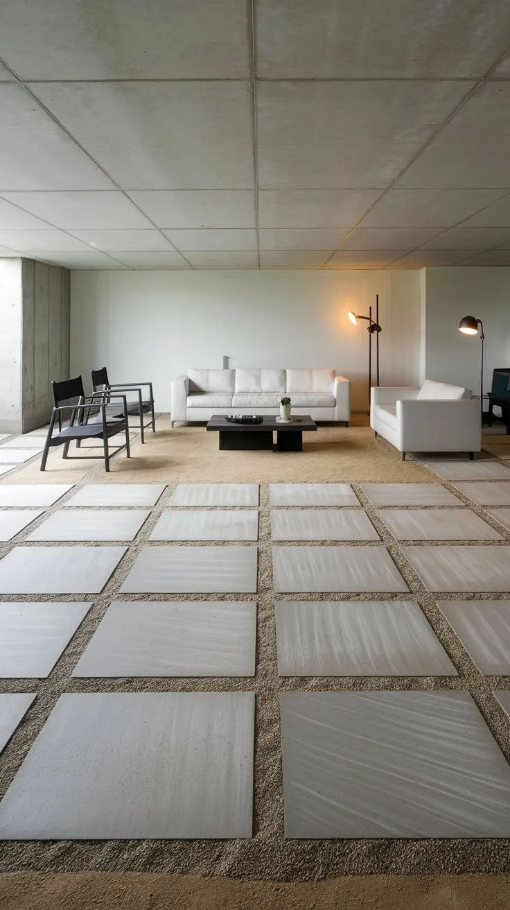 Spacious Modern Basement with Sleek Concrete Flooring