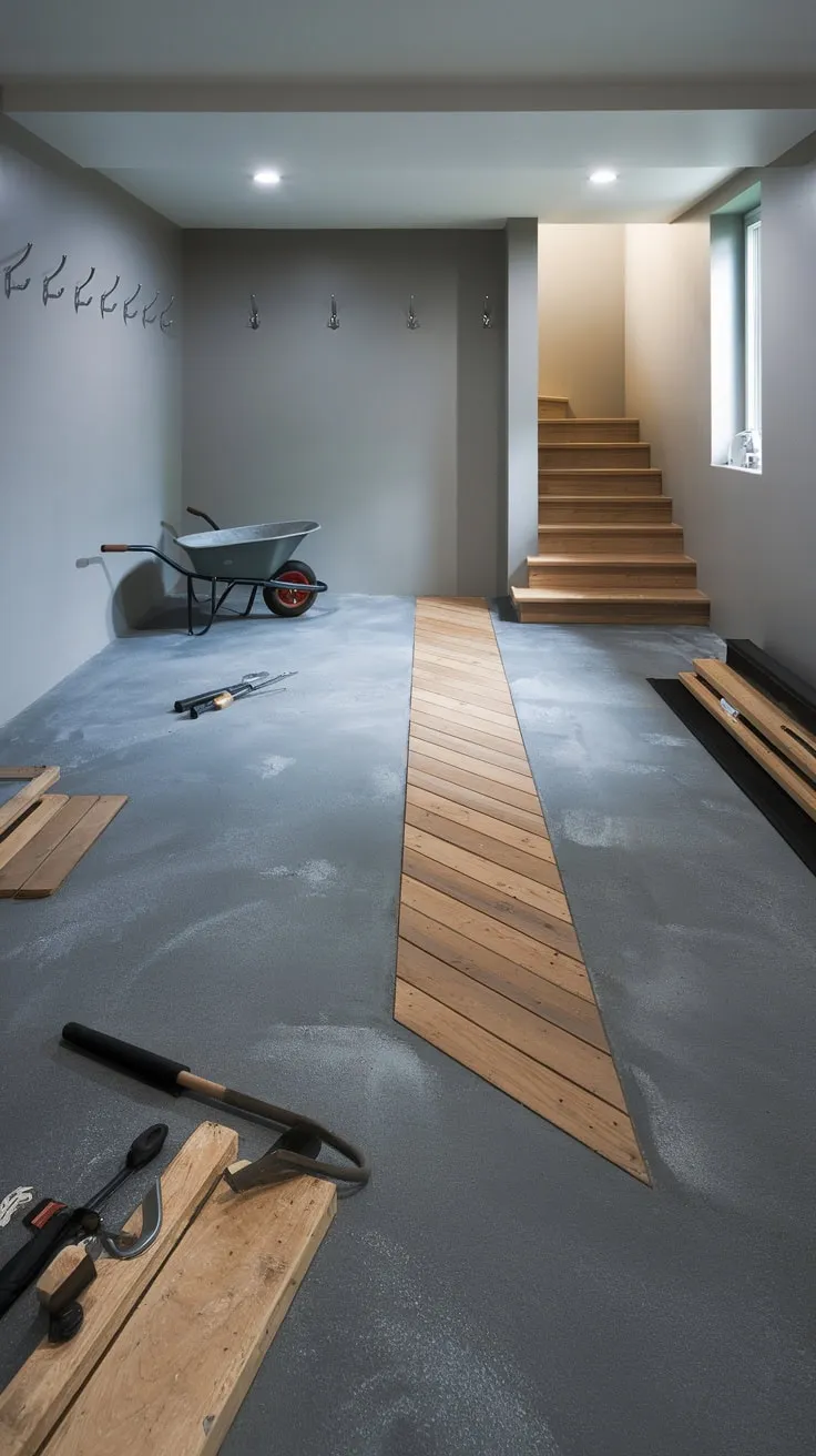 Stylish Basement Design with Grey Concrete and Wood