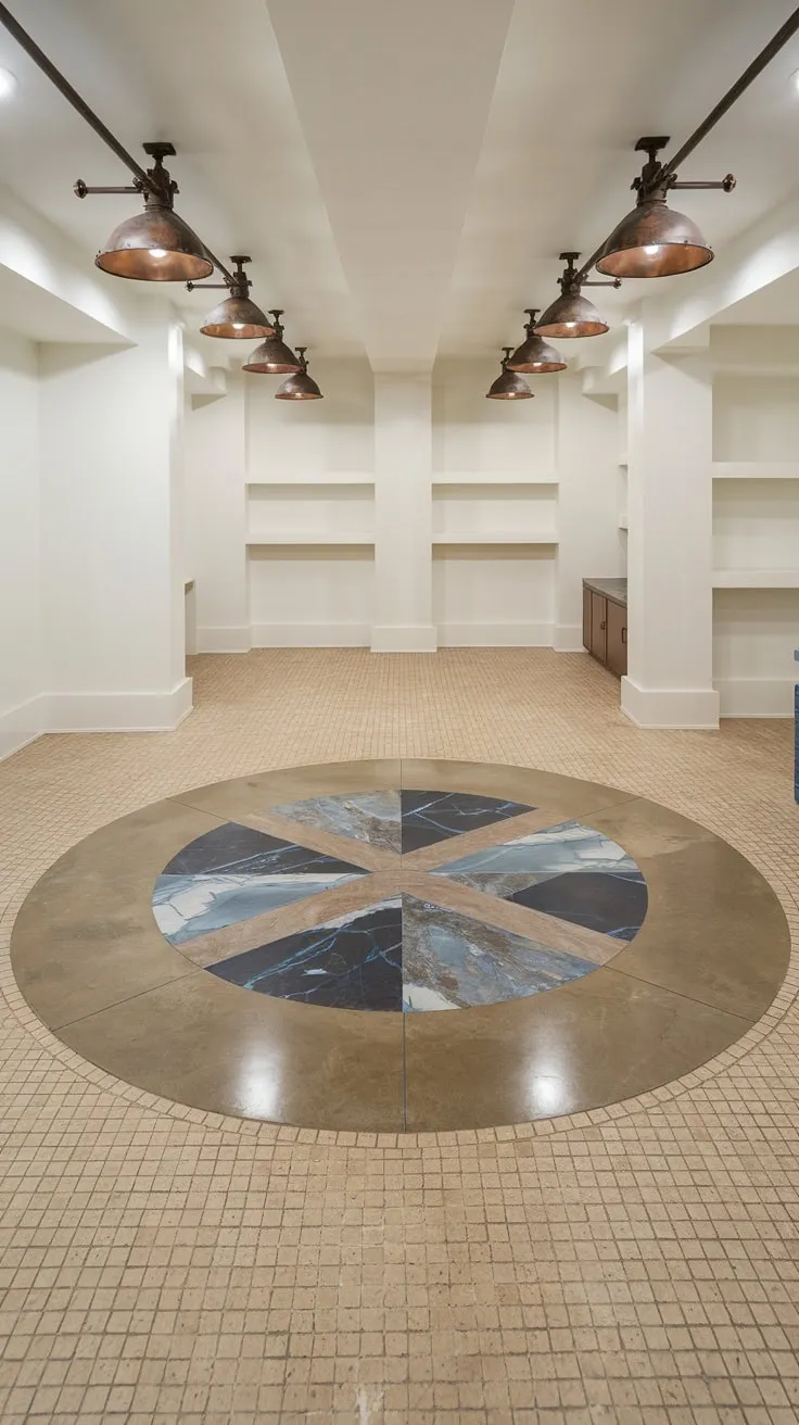 Modern Basement Showcasing Unique Circular Polished Concrete Floor