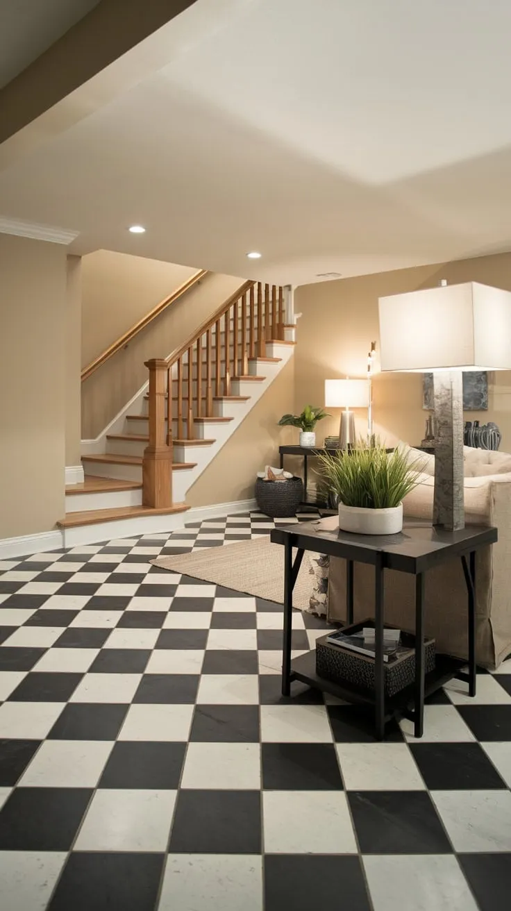 Stylish Modern Basement with Checkered Flooring and Decor