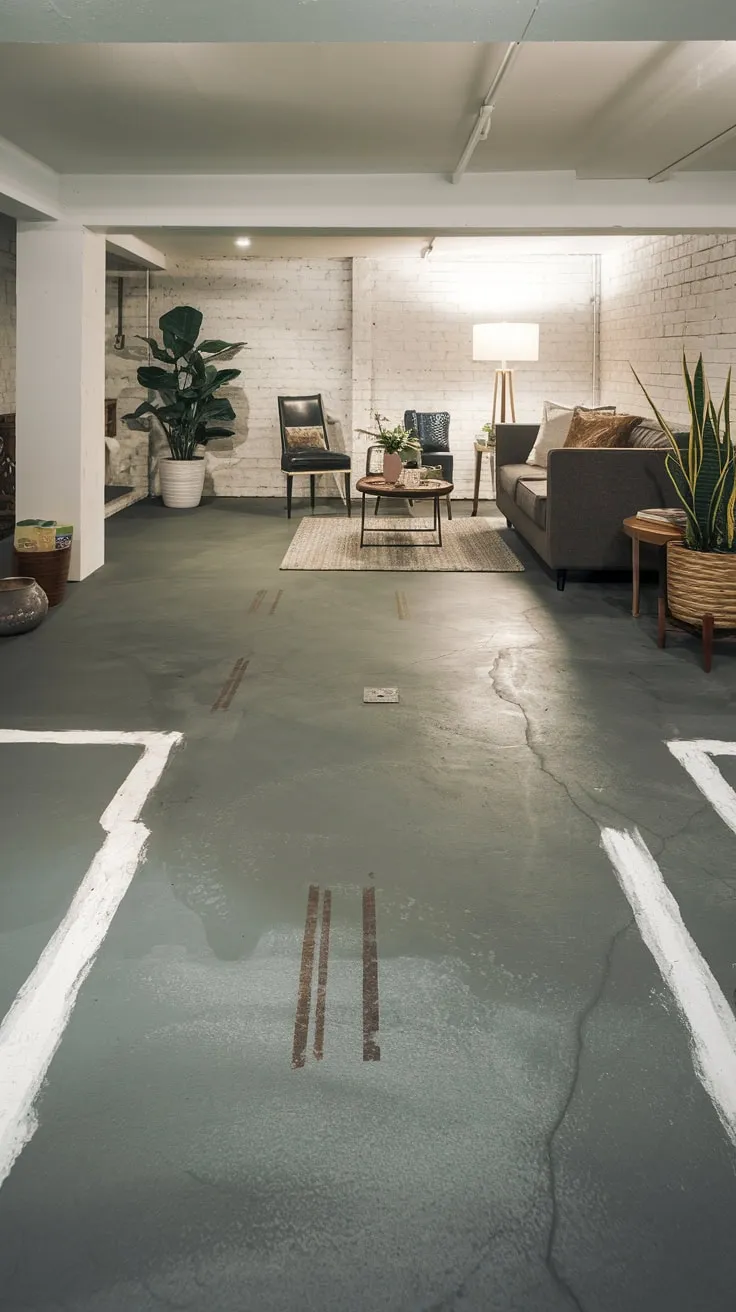 Bright Modern Basement with Grey Concrete Flooring Decor