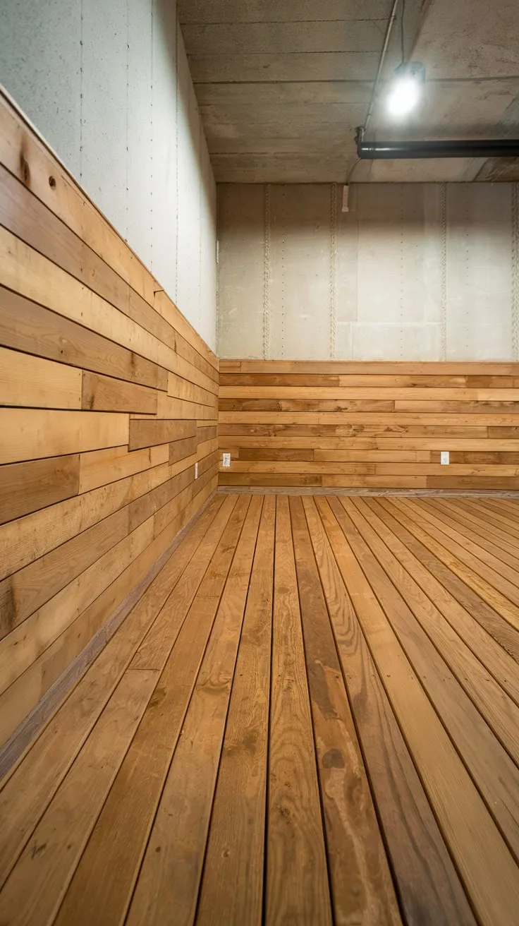Modern Basement with Clean Wooden Flooring and Concrete Ceiling