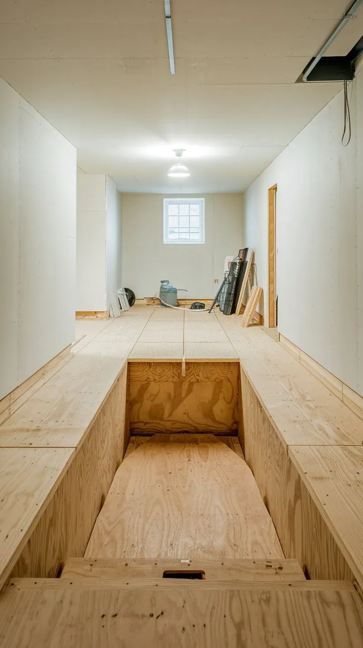 Modern Basement with Unfinished Plywood Flooring and Tools