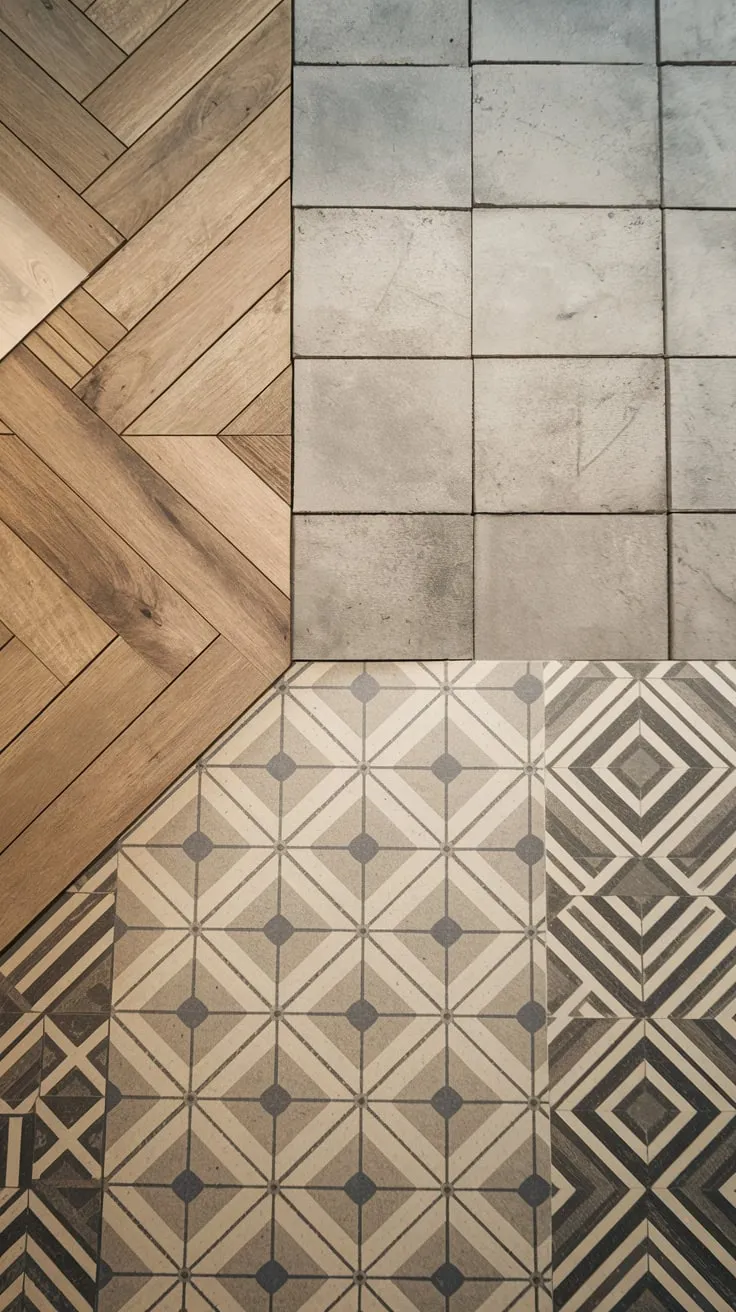 Stylish Basement Flooring Blends Wood, Concrete, Vinyl