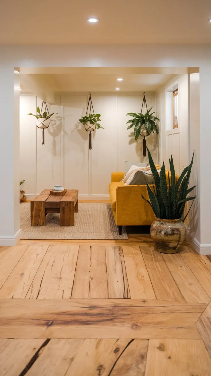 Cozy Modern Basement with Rustic Wooden Flooring Design
