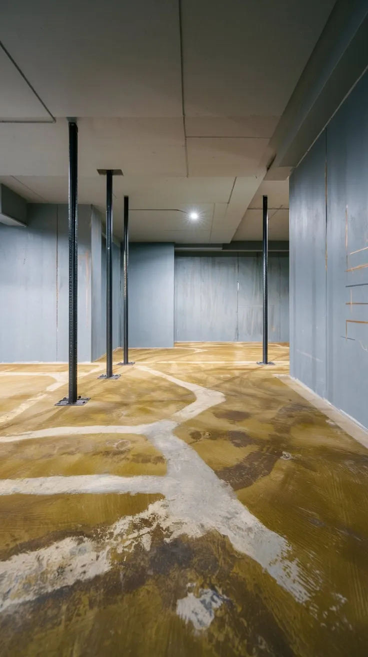 Modern Basement with Concrete Floor and Steel Supports