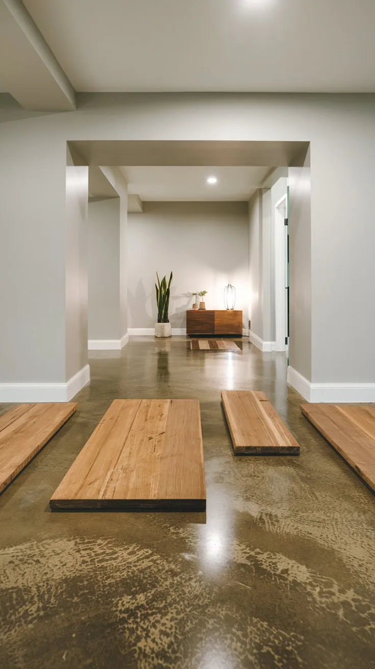 Sleek Modern Basement with Polished Concrete Flooring