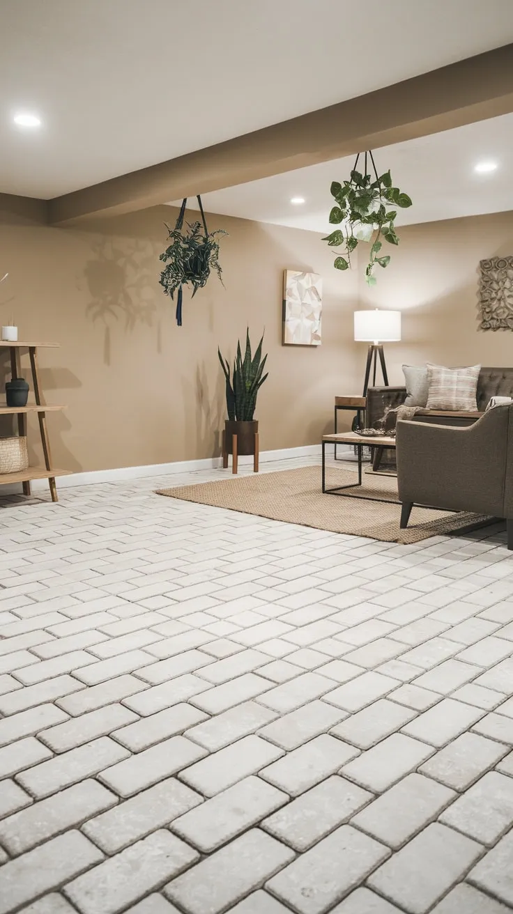 Modern Basement Oasis with Stylish White Tile Flooring