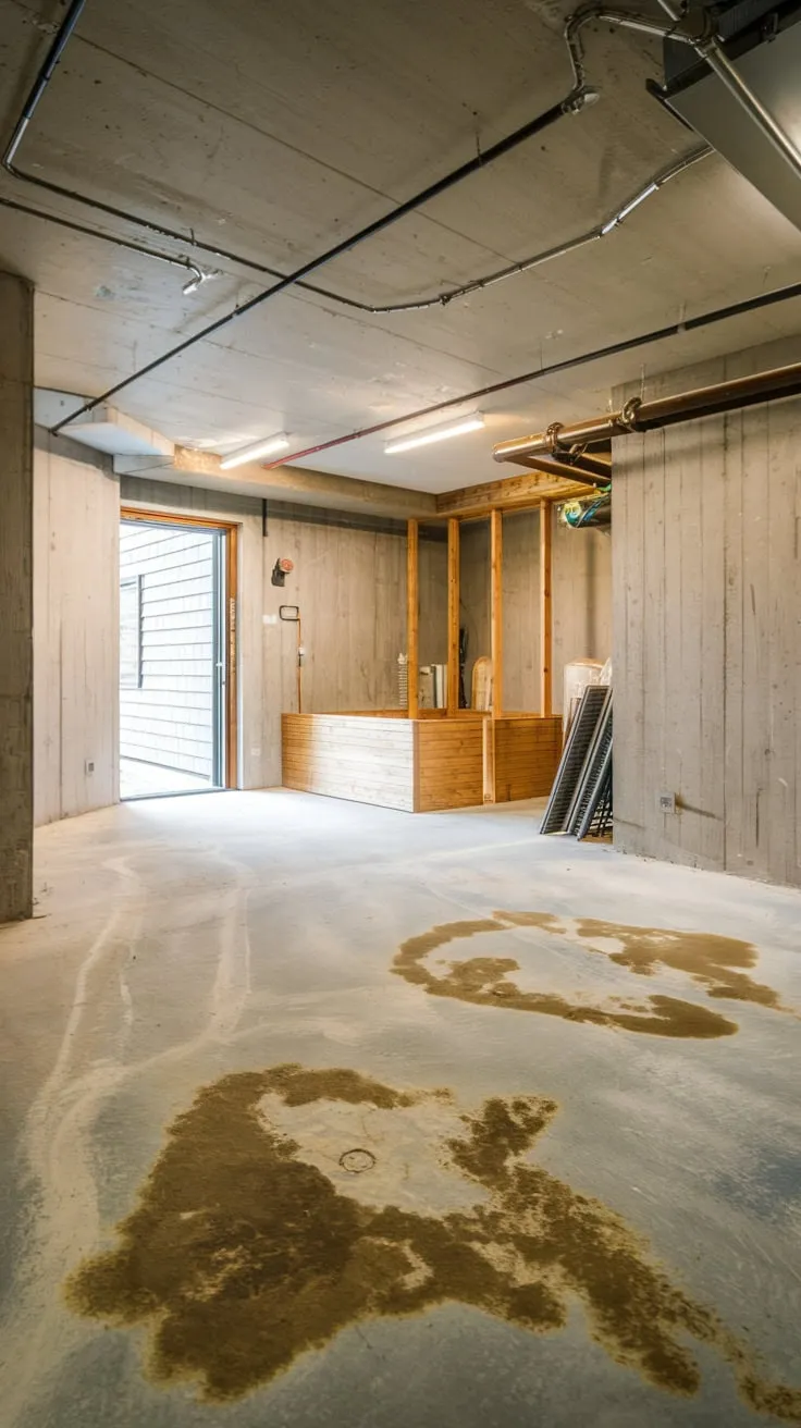 Bright Modern Basement with Stained Concrete and Clutter