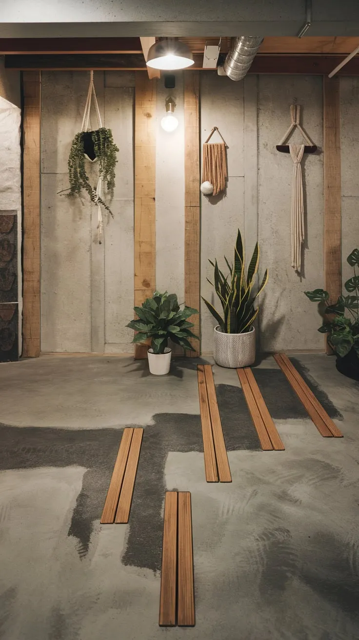 Cozy Modern Basement with Rustic Concrete and Wood